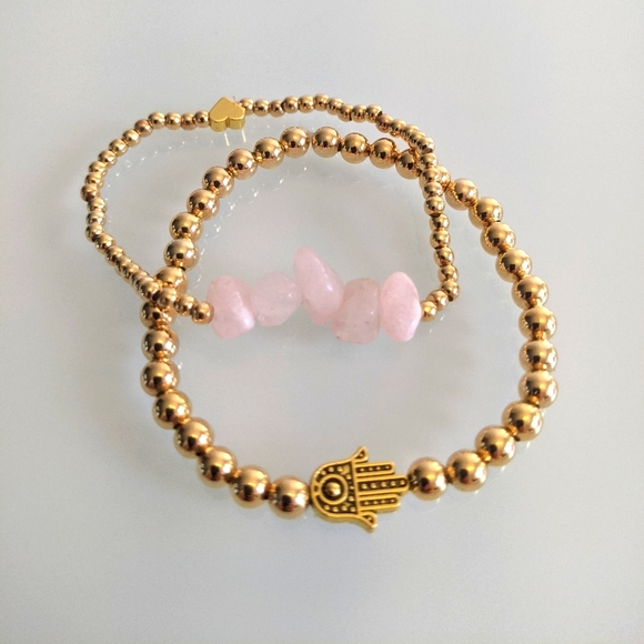2 Bracelets natural rose stones , gold plated beads and Hasma stackable - Picture 1 of 10